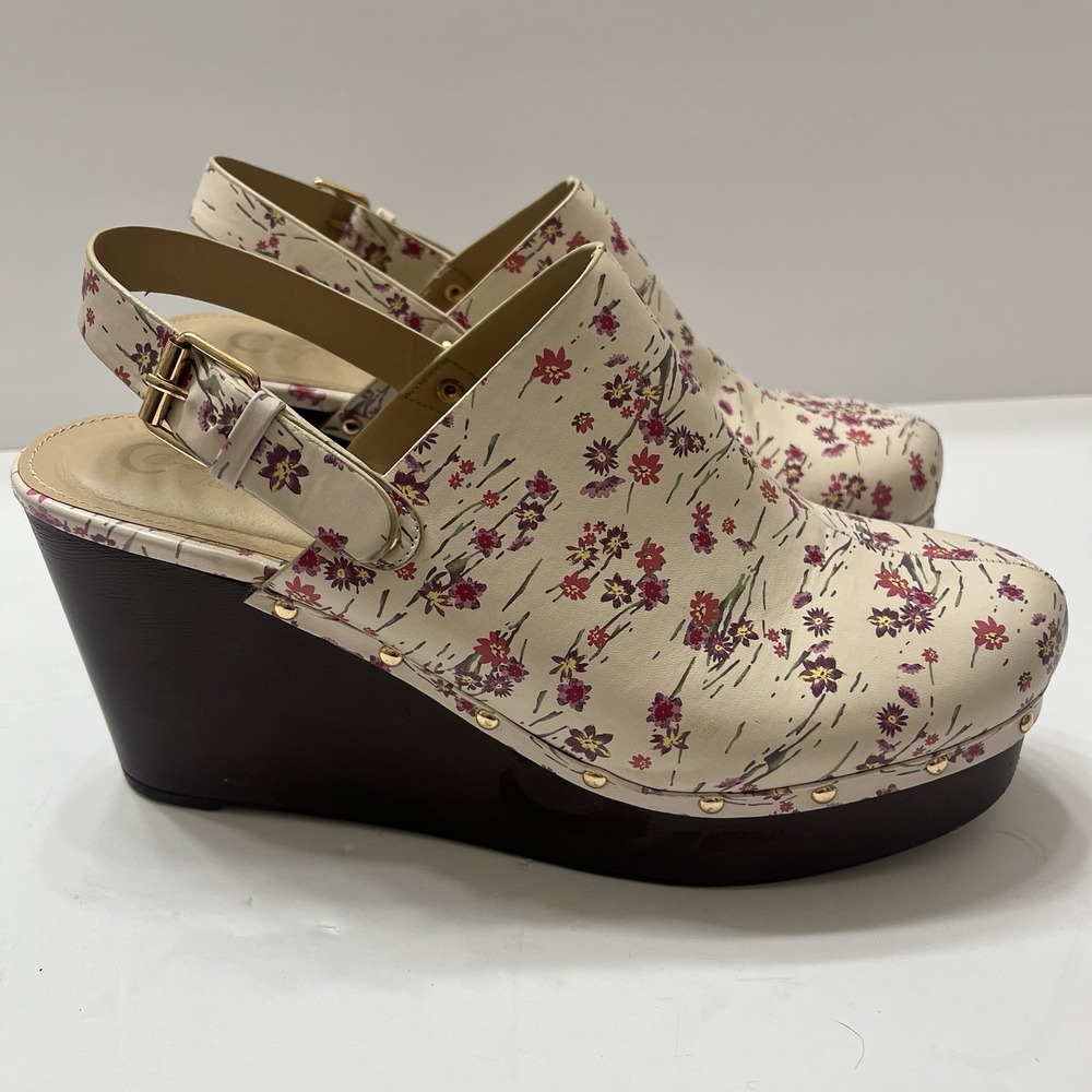 Cato Floral Print Platform Clogs Ivory Pink Flowers Back Strap Buckle Women 10M